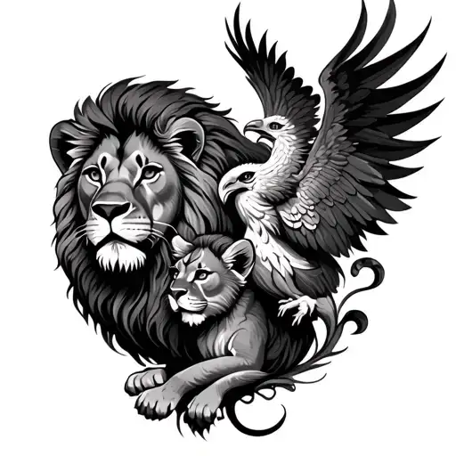 Lion And Cub And Phoenix Rising