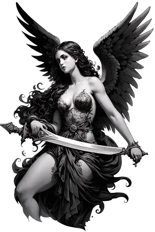 Baroque Style Sexy Topless Angel Holding A Sword
