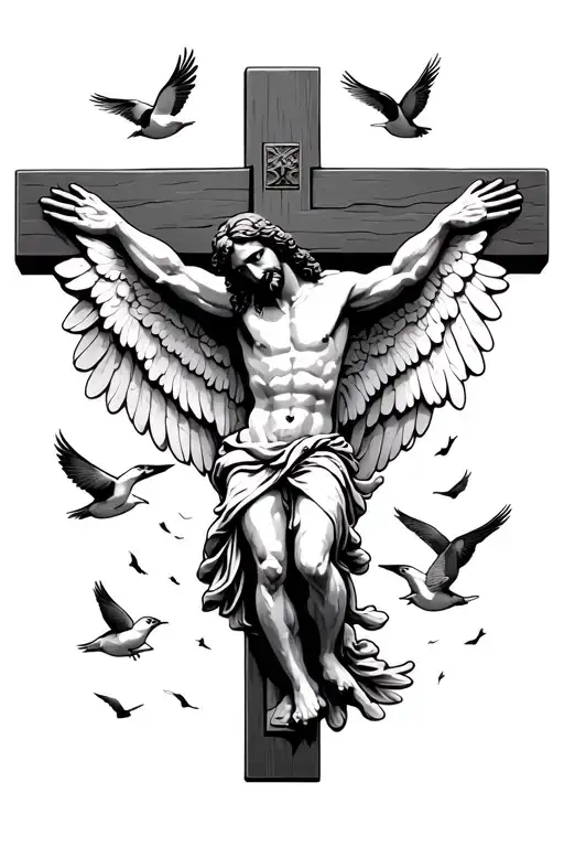 Jesus Christ With Wing And Birds Flying Will He Is On The Cross