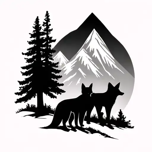 Forest Mountain With 3 Fox Silhouettes Hiking
