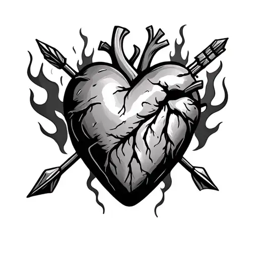Real Heart With Arrow And Fire Around It