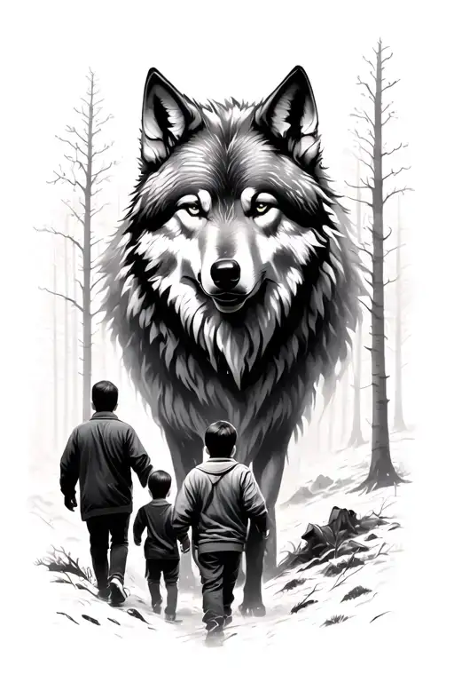 Wolf Spirit Overlooking A Man And Two Boys Walking Through The Forest