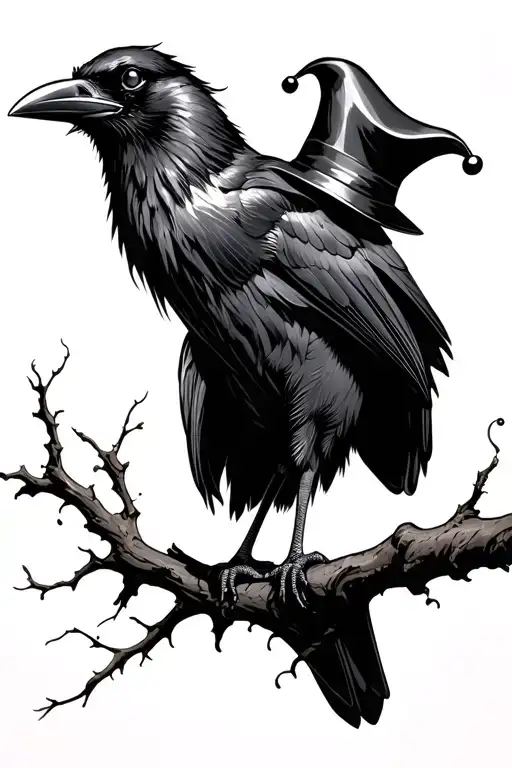 Raven With Jester Hat On Branch Looking To Left
