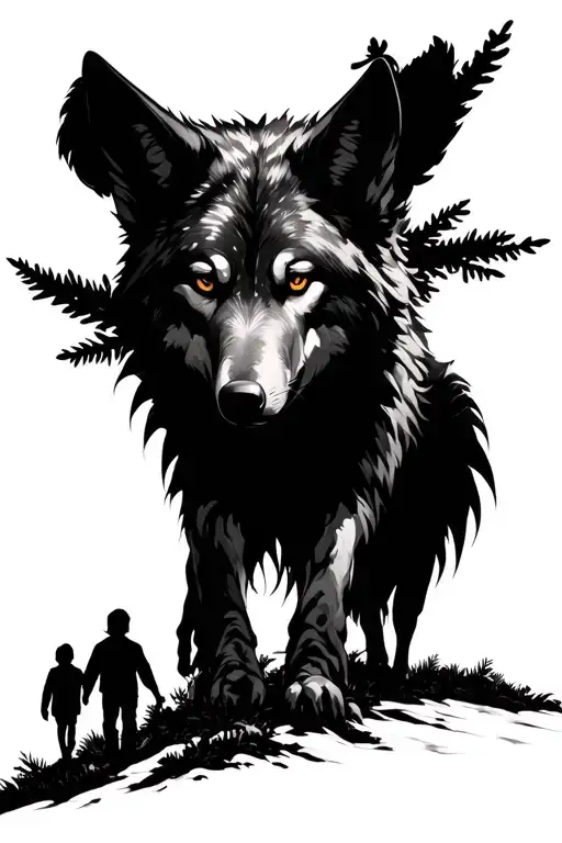 Wolf Spirit Overlooking A Man And Two Boys Walking Through The Forest