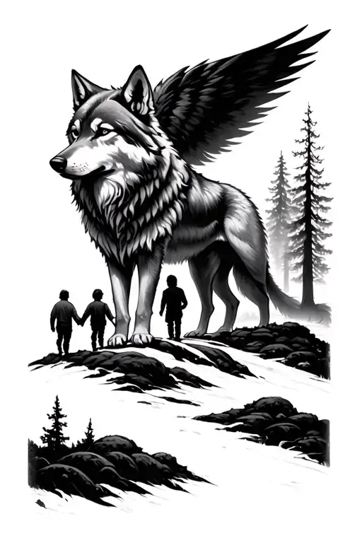 Wolf Spirit In The Sky Overlooking A Man Holding Hands With Two Boys Walking Through The Forest