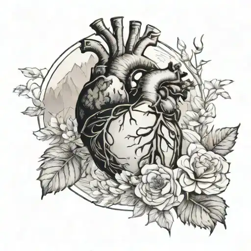 Anatomical Heart With Flowers And Forest Mountain Scene