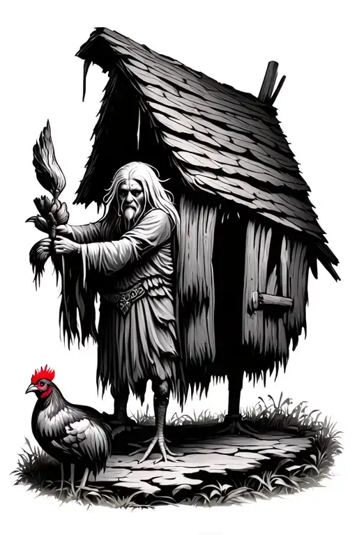 Baba Yaga Against The Background Of A Hut On Chicken Legs