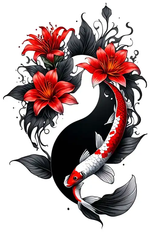 Koi Fish Yin Yang Smokey Shadow Style With Red Spider Lilies