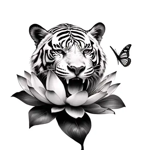 White Tiger Crushing A Lotus Flower And Bitting A Butterfly