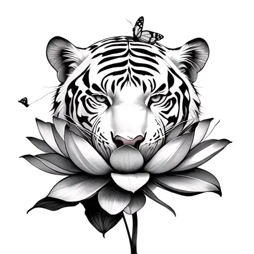 White Tiger Crushing A Lotus Flower With Its Paws While Bitting The Tip Of A Butterfly