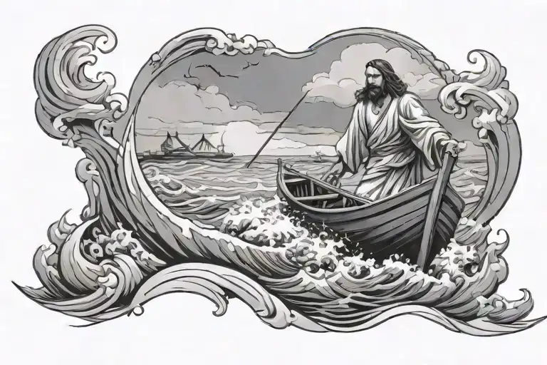 Jesus Walking On Water In A Storm Toward His 12 Disciples In A Boat