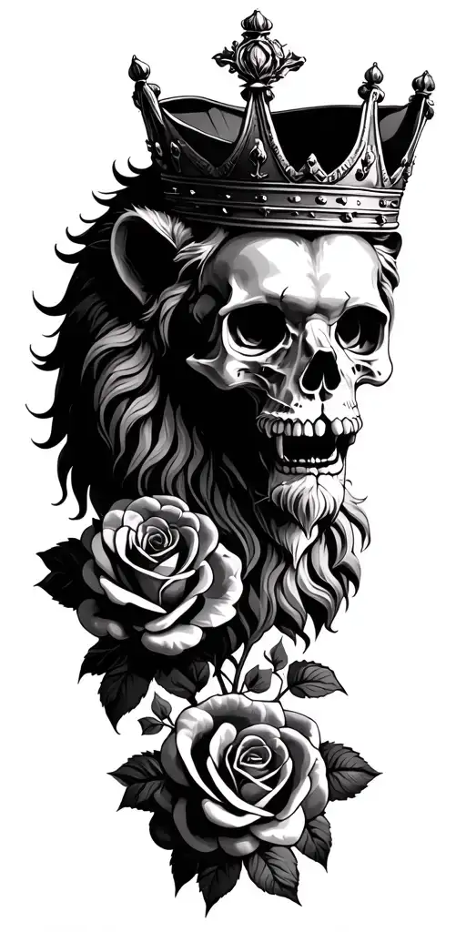 Skull And Roses With Lion Wearing A Crown