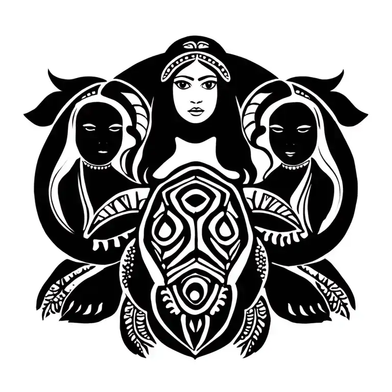 Aboriginal Family And Woman Symbols With Turtle In Centre