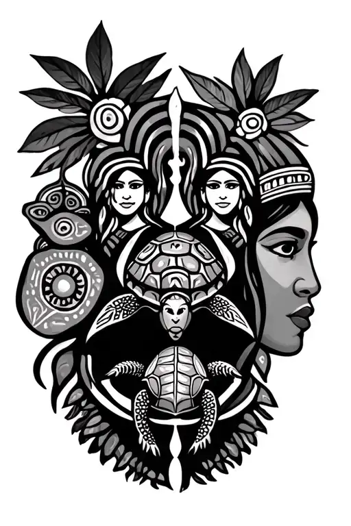 Aboriginal Family And Woman Symbols With Turtle In Centre