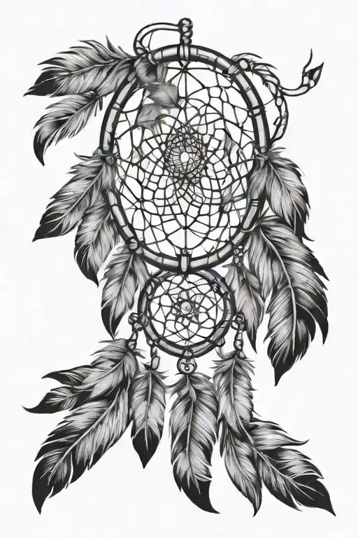 Simple Fine Line Dream Catcher With Three Feathers Falling