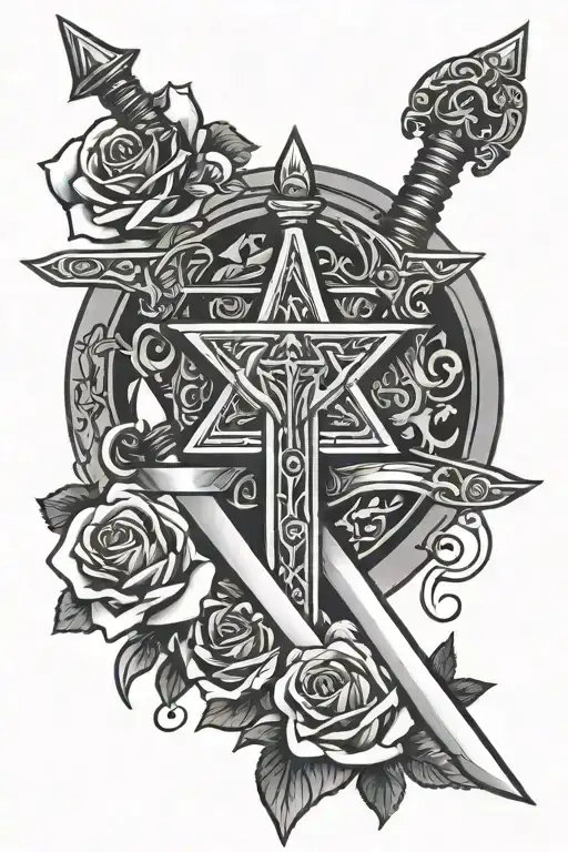 Sword With Star Of David In Handle And 2 Rosses Around It