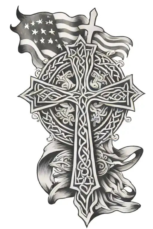 Celtic Cross Intertwined With American Flag Waving