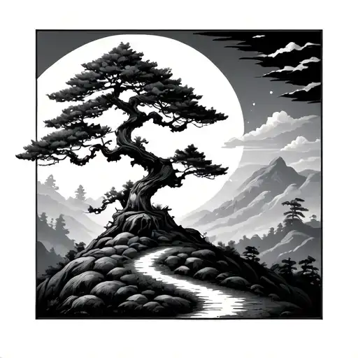 Bonsai Tree On A Hill With A Path Leading Towards