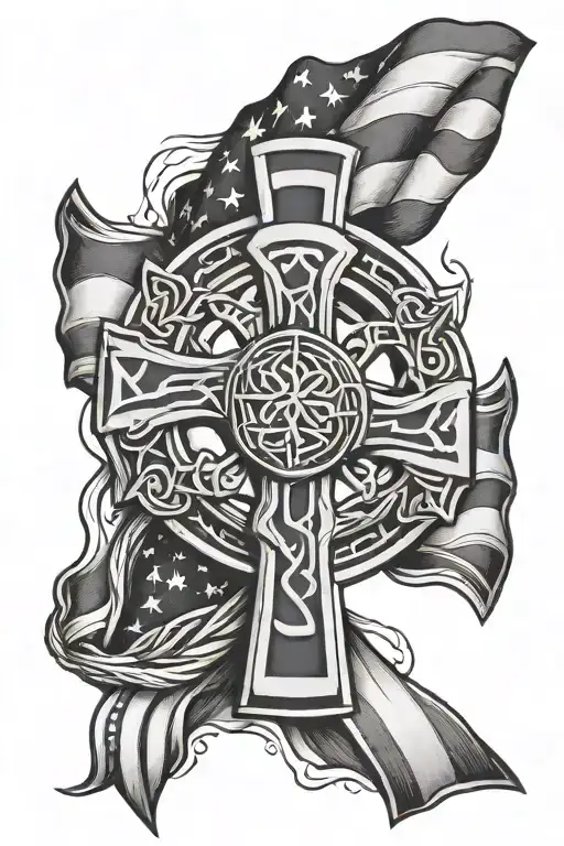 Celtic Cross Intertwined With American Flag Waving
