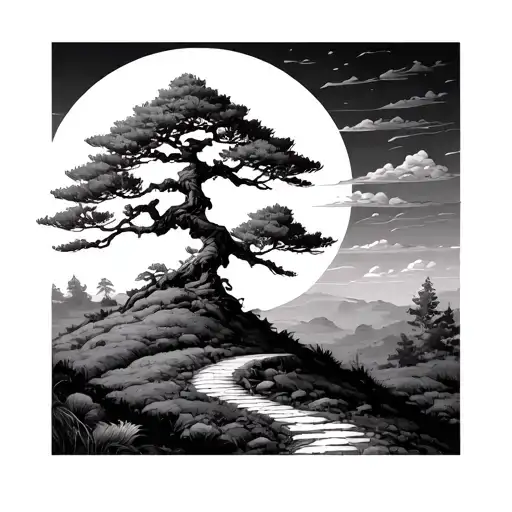 Bonsai Tree With No Leaves On A Hill With A Path Leading Towards No Background