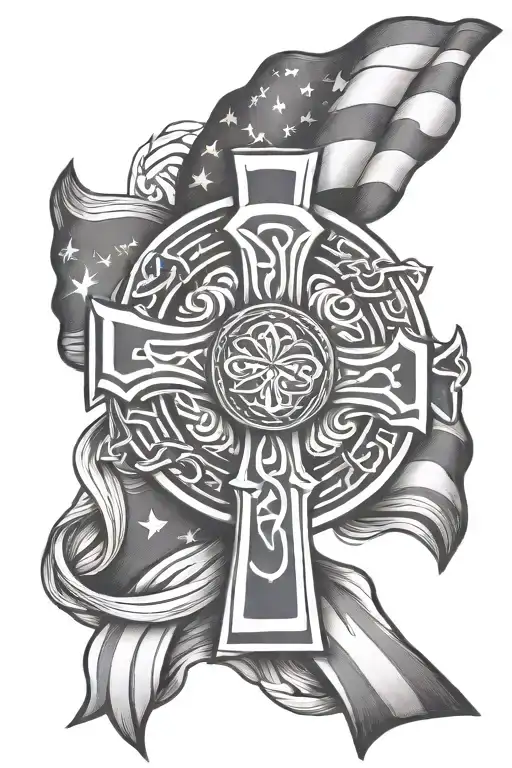Celtic Cross Intertwined With American Flag Waving