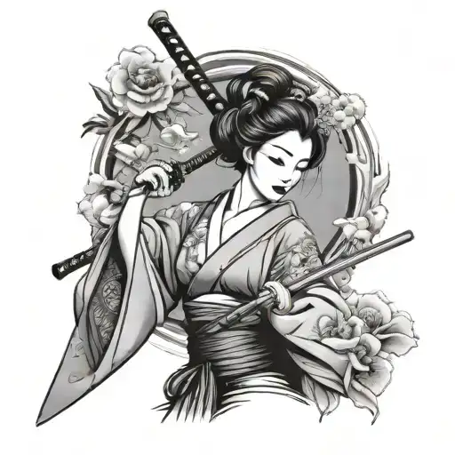 Geisha Holding Katana Surrounded