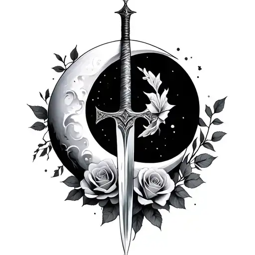 Crescent Moon With A Sword In Front With Roses Surrounding
