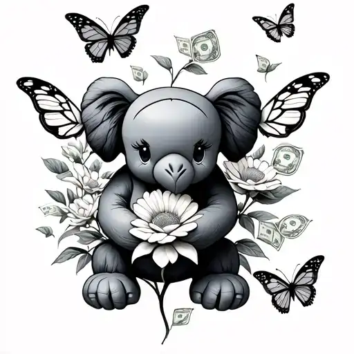 Kaws With Flowers And Money Butterflies Fluttering