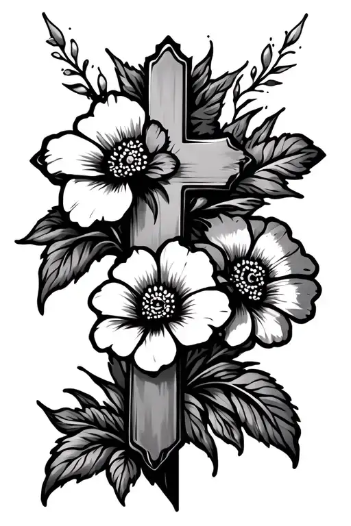 Cross With Two Flowers Behind It At The Top And Bottom