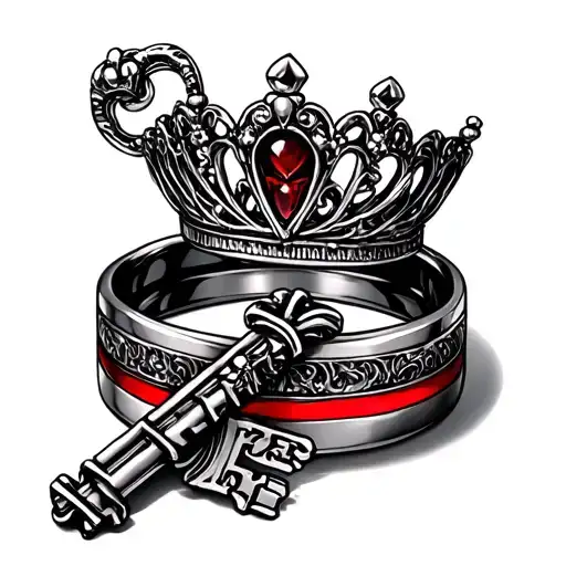 Silver Antique Skeleton Key With A Tiara And A Wedding Band With A Red Stripe Through The Middle