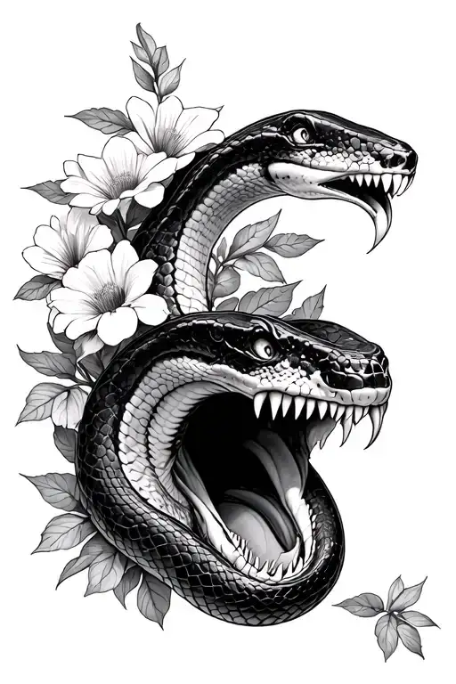 Snake Slithering Up Arm Through Flowers Into Open Mouth Fangs