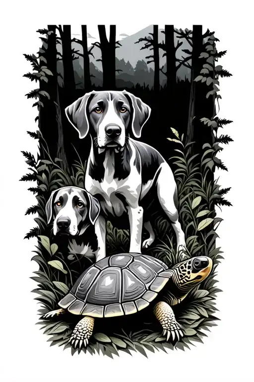 2 German Shorthaired Pointers And 1 Box Turtle In The Woods