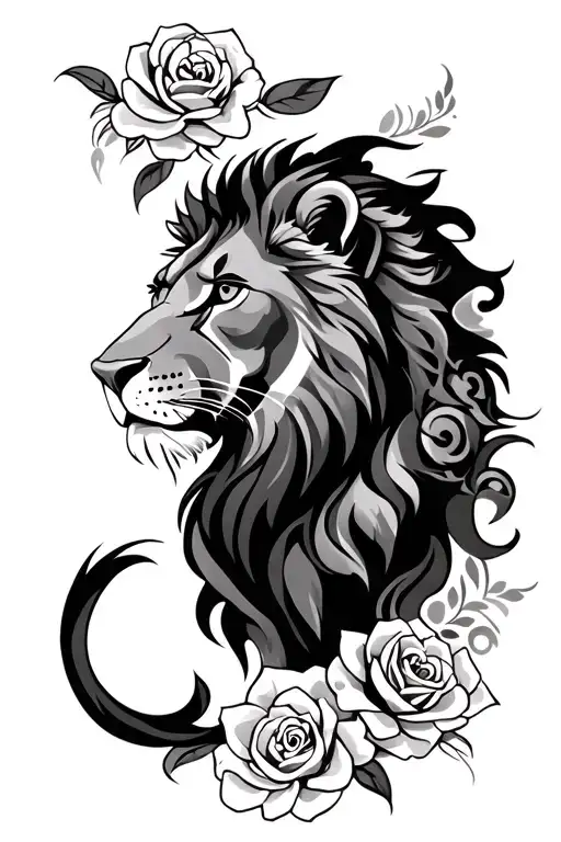 Lion With Maori Tattoo And Rose