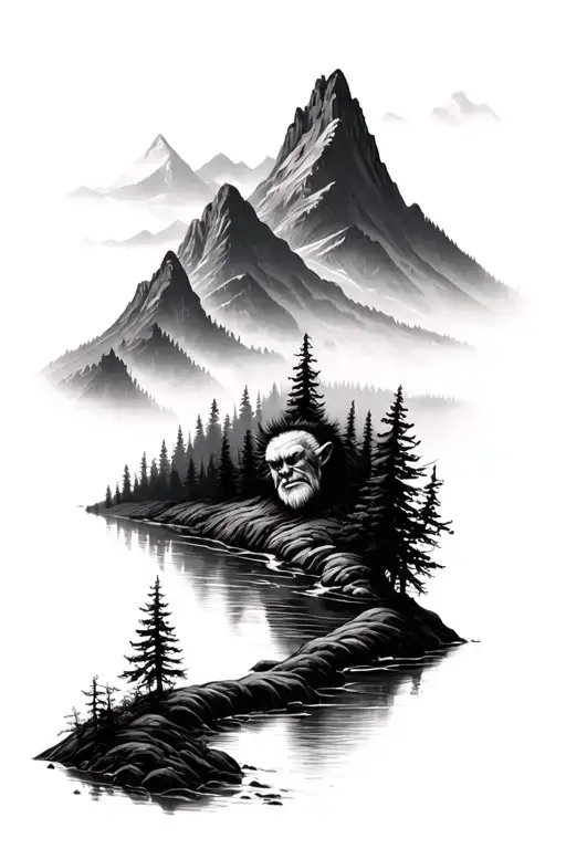 Forest With River Flowing And Mountain Range With A Norwegian Troll Hiding