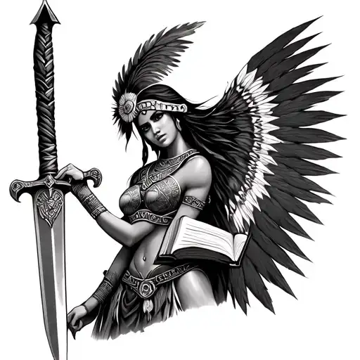 Native American Warrior Goddess Holding Sword And Book