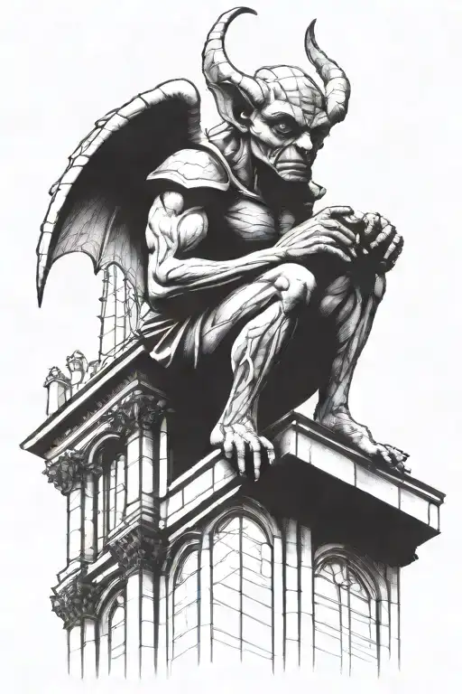 Gargoyle Perched On Cathedral Stained Glass Window