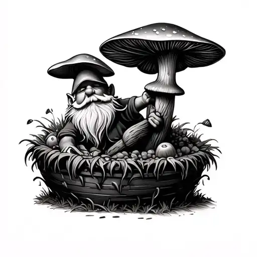 Gnome Harvesting Mushrooms In A Graden Bed
