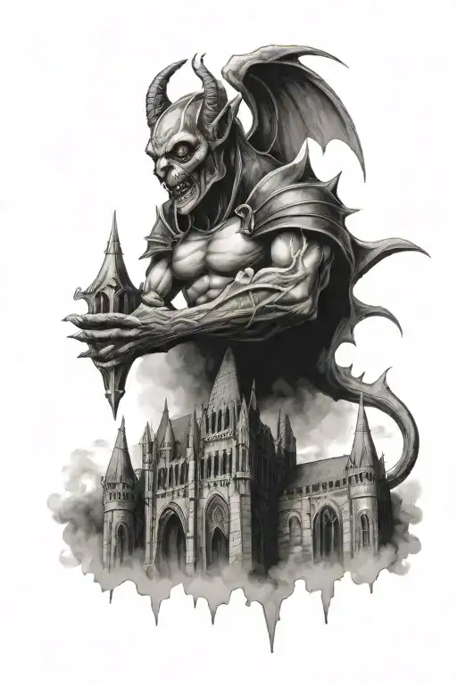 Gothic Castle With Gargoyle Warrior