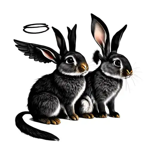 Three Rabbits And One With Wings And A Halo In A Minimalist Style