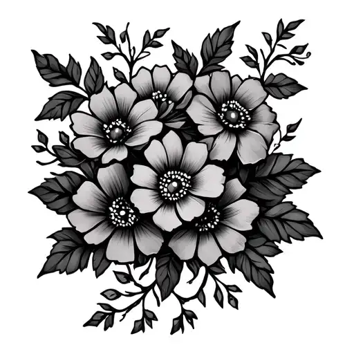 Boho Tattoo With 5 Flowers And 7 Vines Running Through