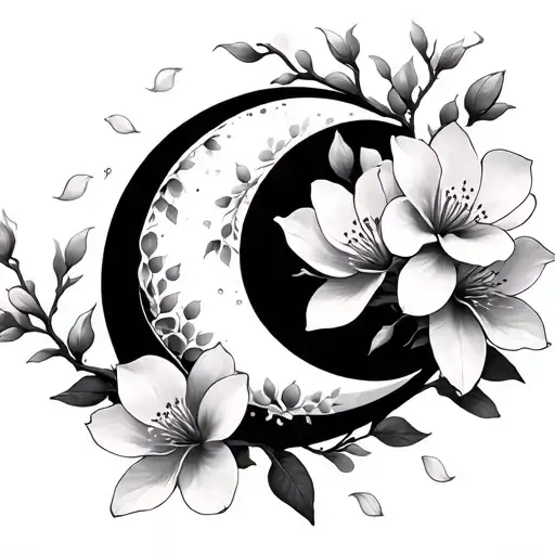 Crescent Moon With Cherry Blossom Petals And Magnolias