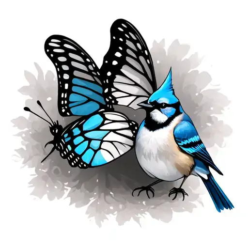 Butterfly And Blue Jay Bird Sitting Together