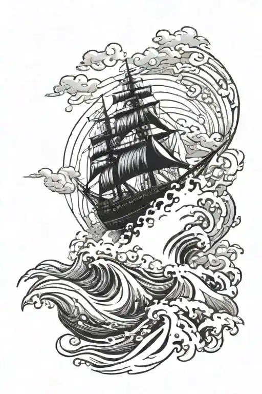 An Intricate Naval Ship Sailing Through Rough Mountain Waves