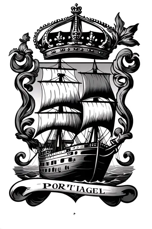 Portugal Crest With Ship And Crown With Scroll Tattoo Around It