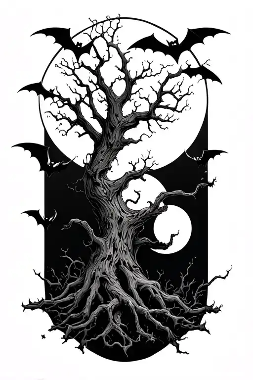 Poison Tree With Bats And Moon Merging Together
