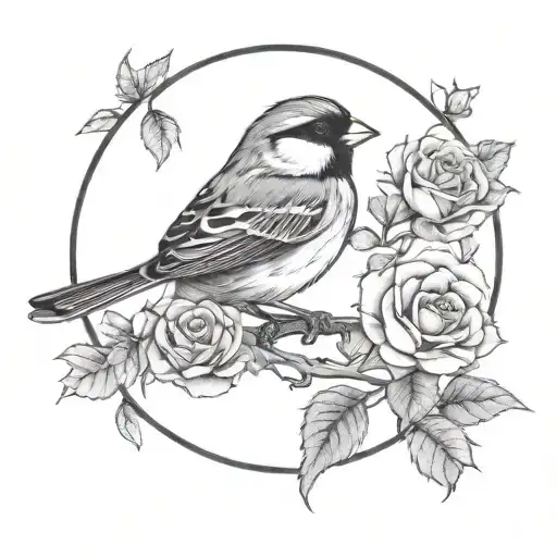 Fine Line Sparrow And Roses Inside Of A Circle