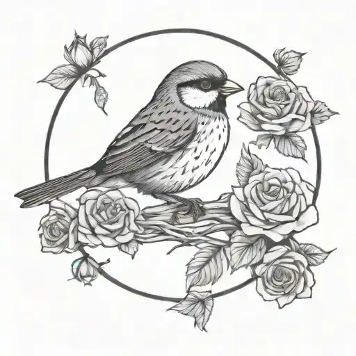Fine Line Sparrow And Roses Inside Of A Circle