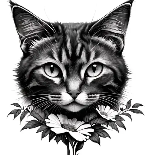 Outline Of A Cat With Flowers
