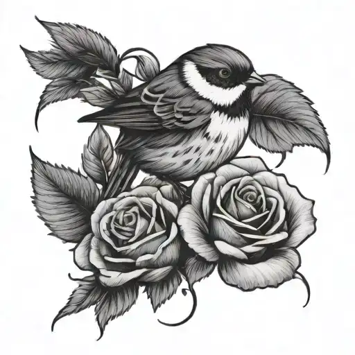 Sparrow And Roses Fine Line