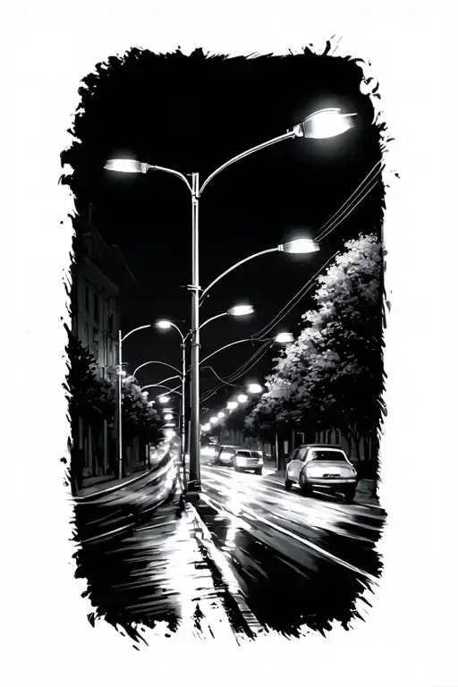 Street Lights Going Down The Road In A Lite Cite Design For An Arm Sleeve